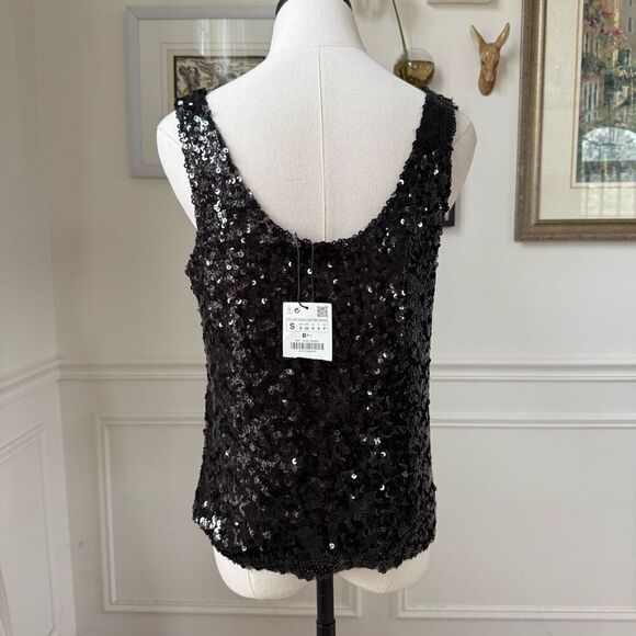 NWT Zara Knit Black Sequin Tank Top S - Picture 4 of 7